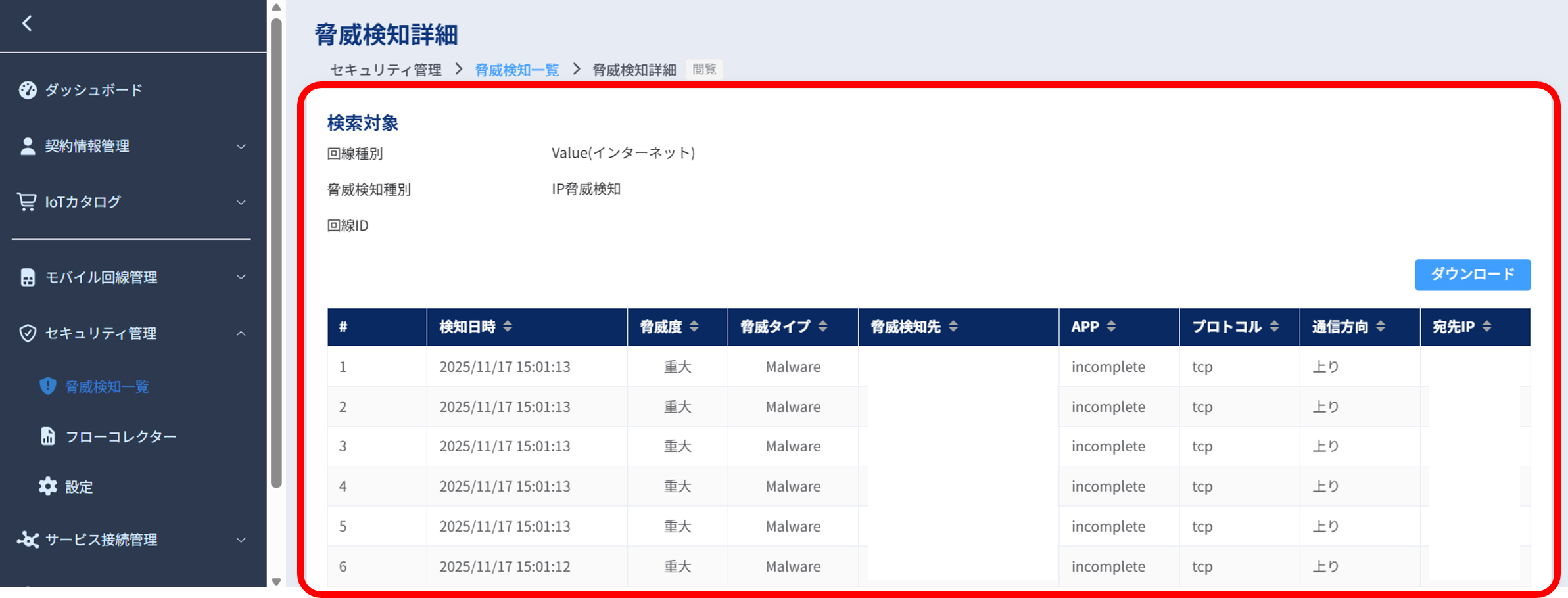 脅威検知詳細画面